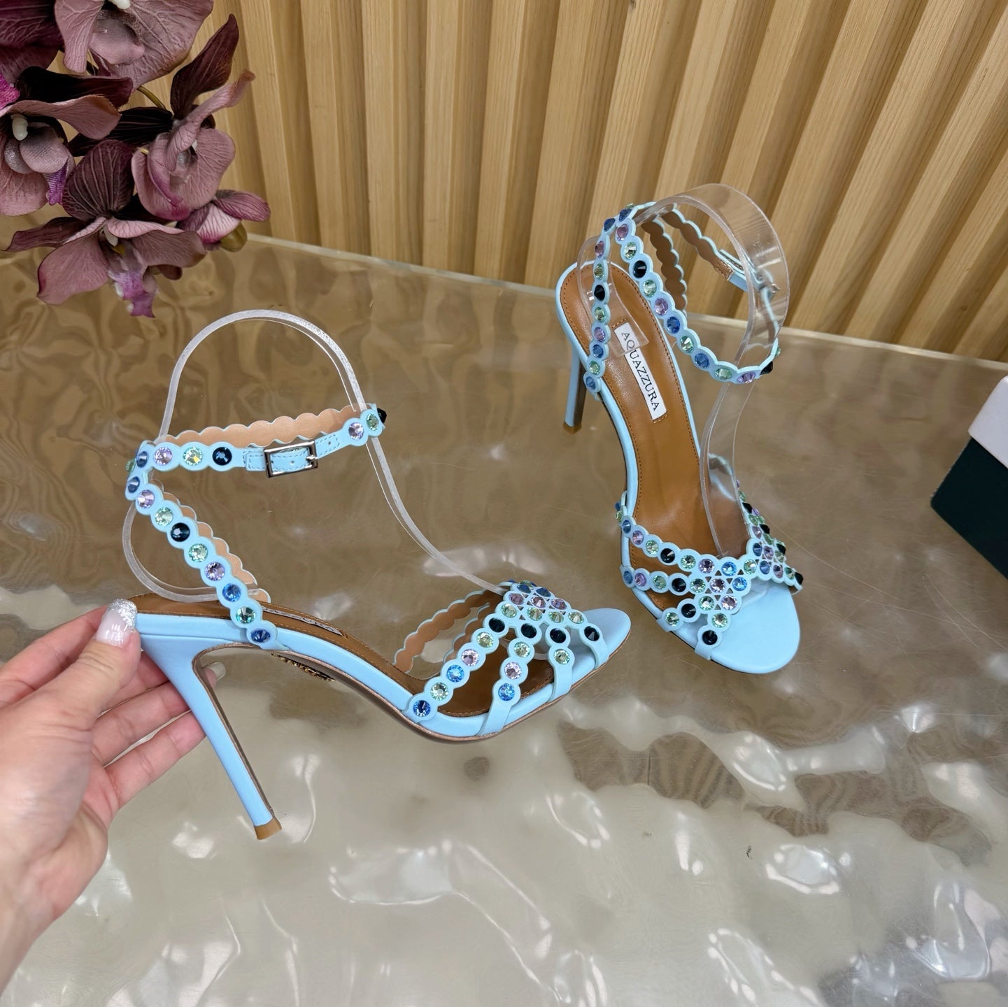 Aquazzura 2026 Tequila Crystal-embellished Sandal 105mm Blue Sheepskin 697684