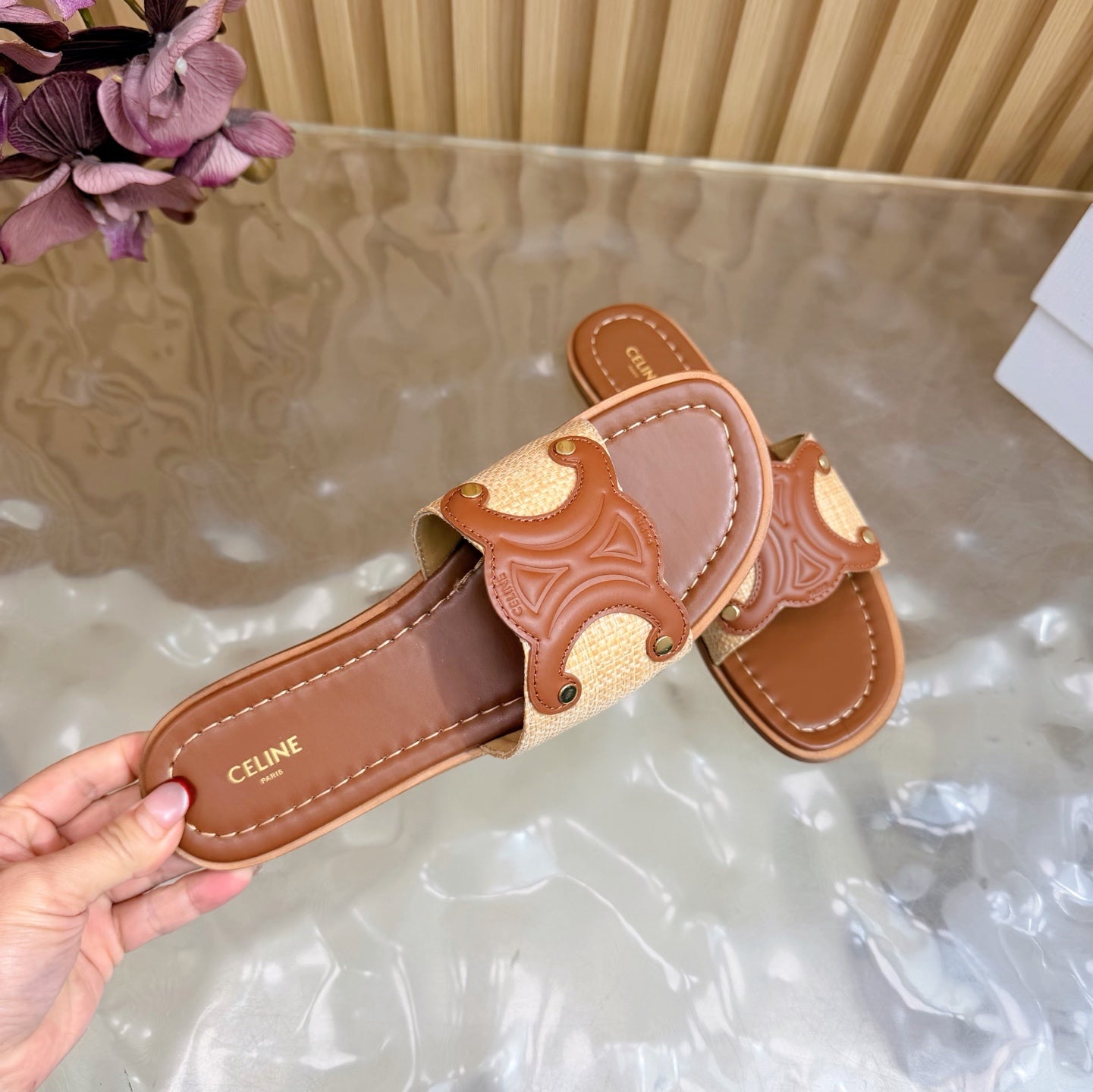 Celine 26  Triomphe Slide Sandals Leather 749443