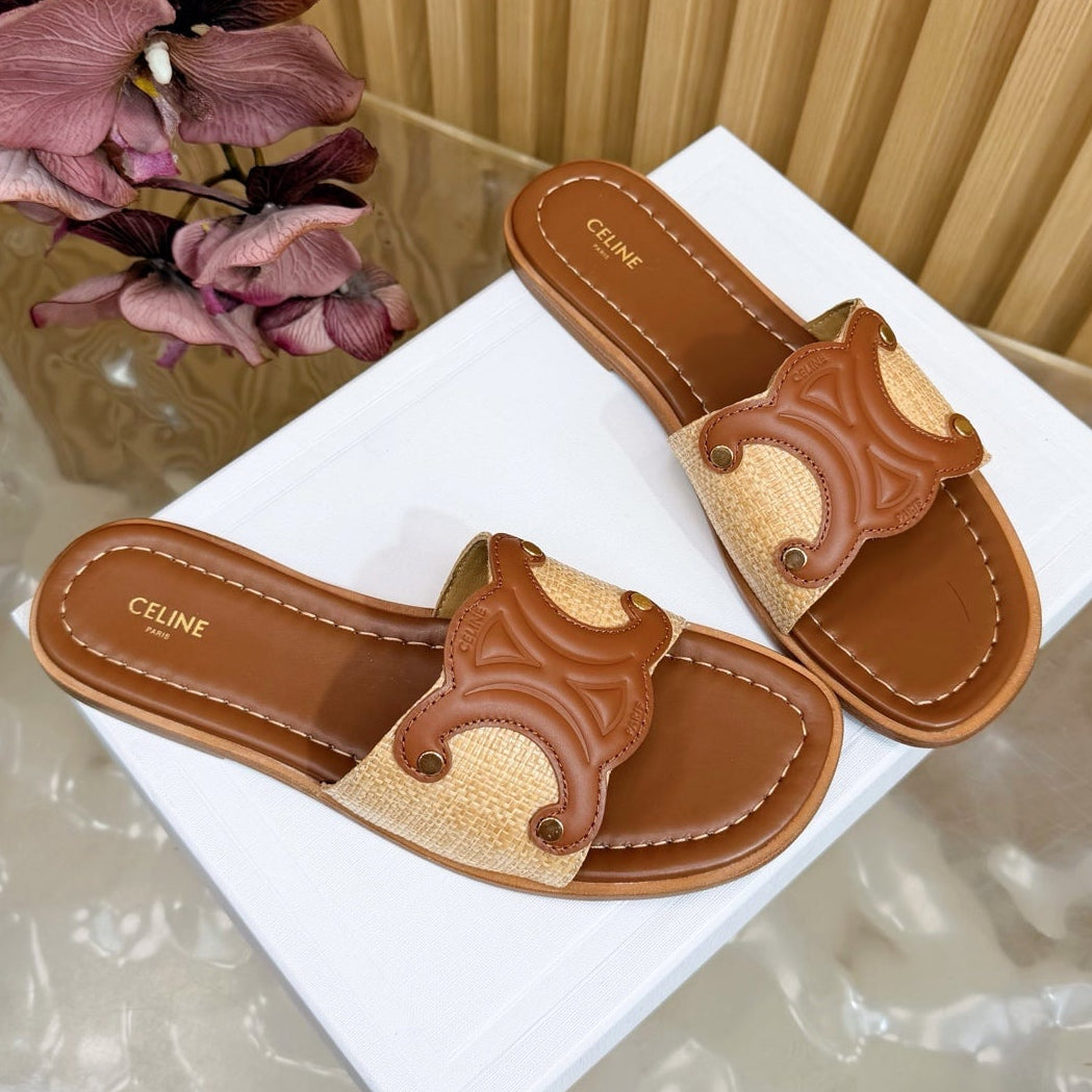 Celine 26  Triomphe Slide Sandals Leather 749443