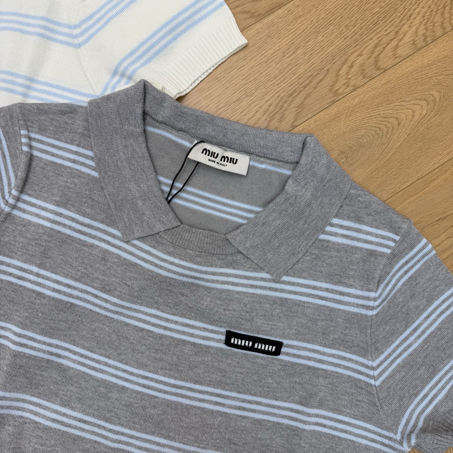Miumiu 2026 Striped Knit Polo Shirt Features Light Blue Stripes