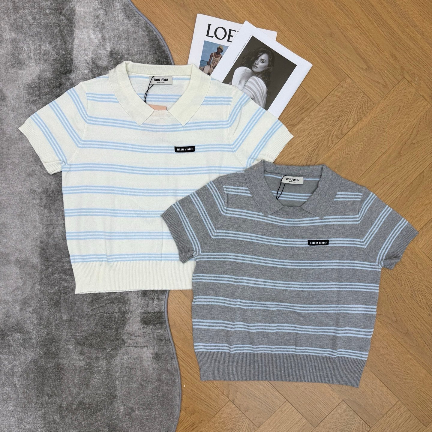Miumiu 2026 Striped Knit Polo Shirt Features Light Blue Stripes