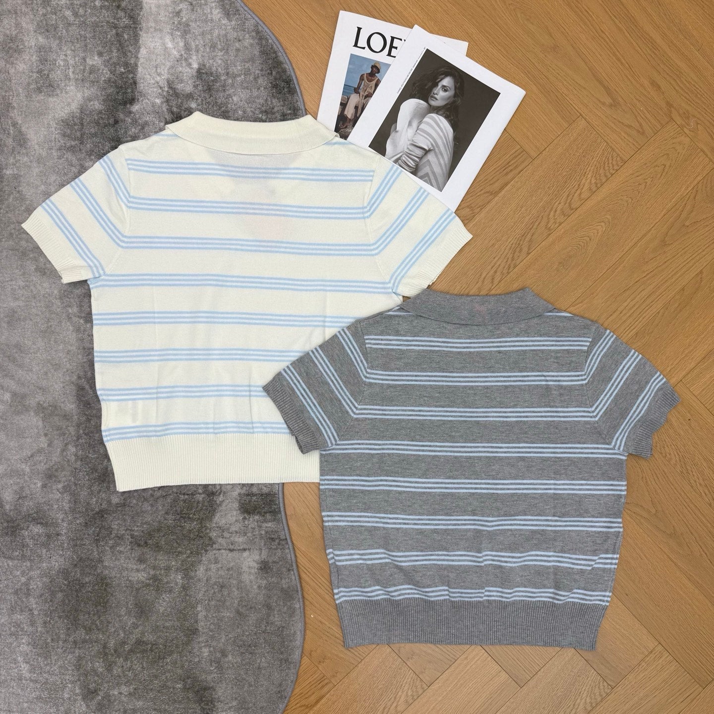 Miumiu 2026 Striped Knit Polo Shirt Features Light Blue Stripes