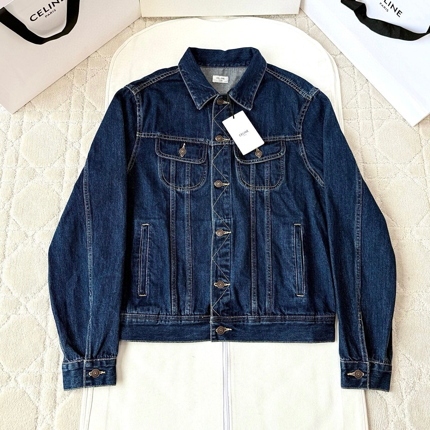 Celine 25 Denim Jacket Blue White Cotton