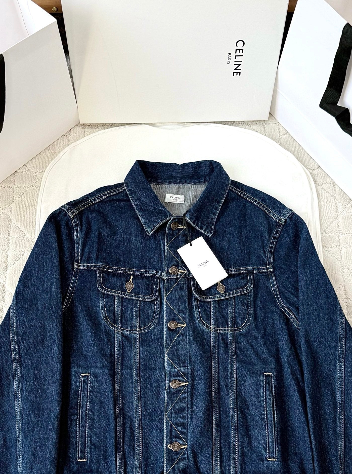 Celine 25 Denim Jacket Blue White Cotton