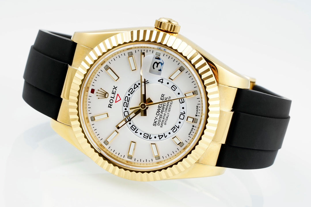 Rolex Sky-Dweller 42mm Gold Case White Dial Rubber Strap