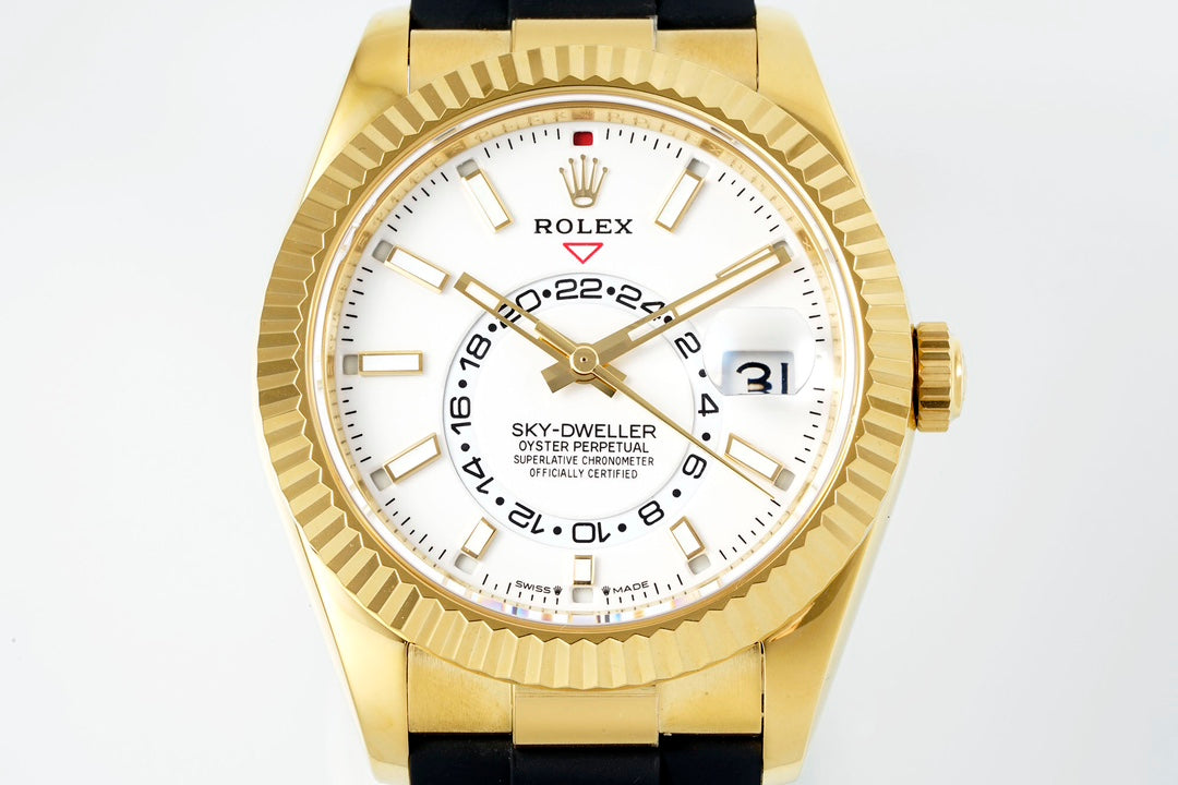 Rolex Sky-Dweller 42mm Gold Case White Dial Rubber Strap
