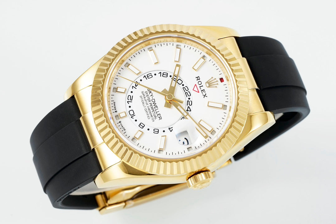 Rolex Sky-Dweller 42mm Gold Case White Dial Rubber Strap