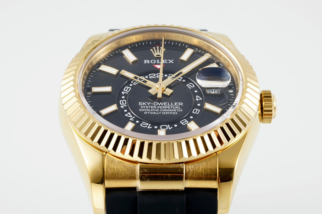 Rolex Sky-Dweller 42mm Gold Case Black Dial Rubber Strap