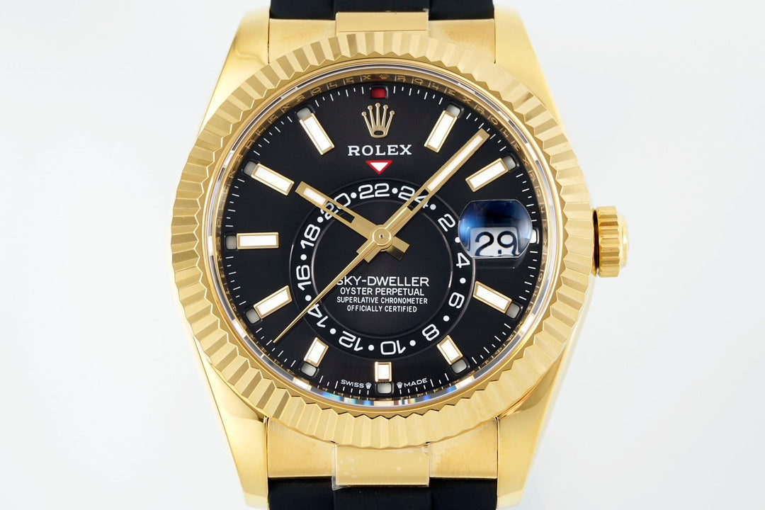 Rolex Sky-Dweller 42mm Gold Case Black Dial Rubber Strap