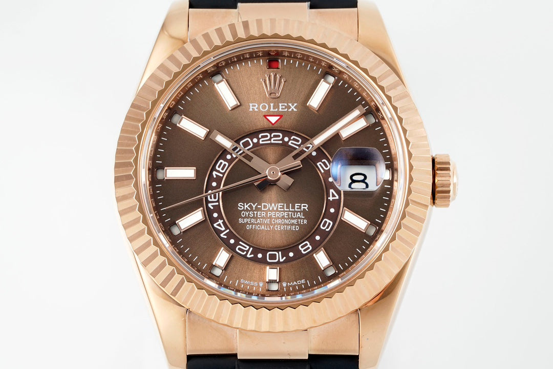 Rolex Sky-Dweller 42mm Rose Gold Case Brown Dial Rubber Strap