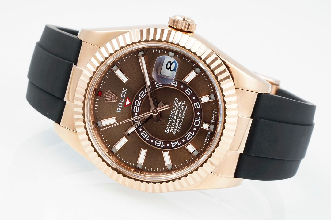 Rolex Sky-Dweller 42mm Rose Gold Case Brown Dial Rubber Strap