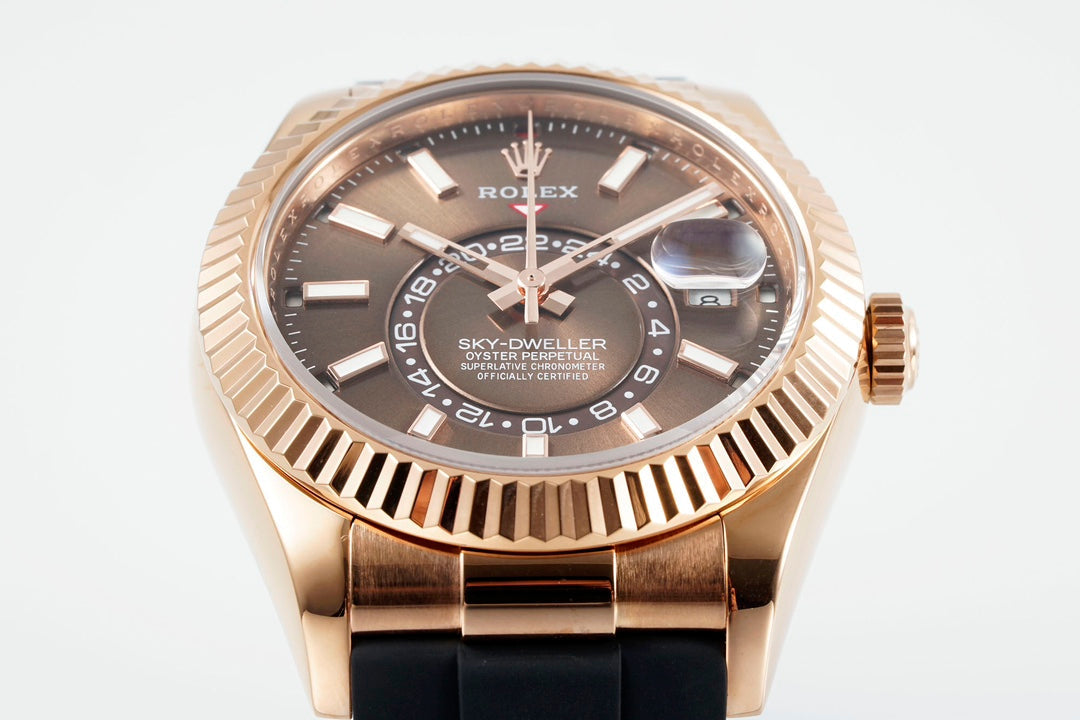 Rolex Sky-Dweller 42mm Rose Gold Case Brown Dial Rubber Strap