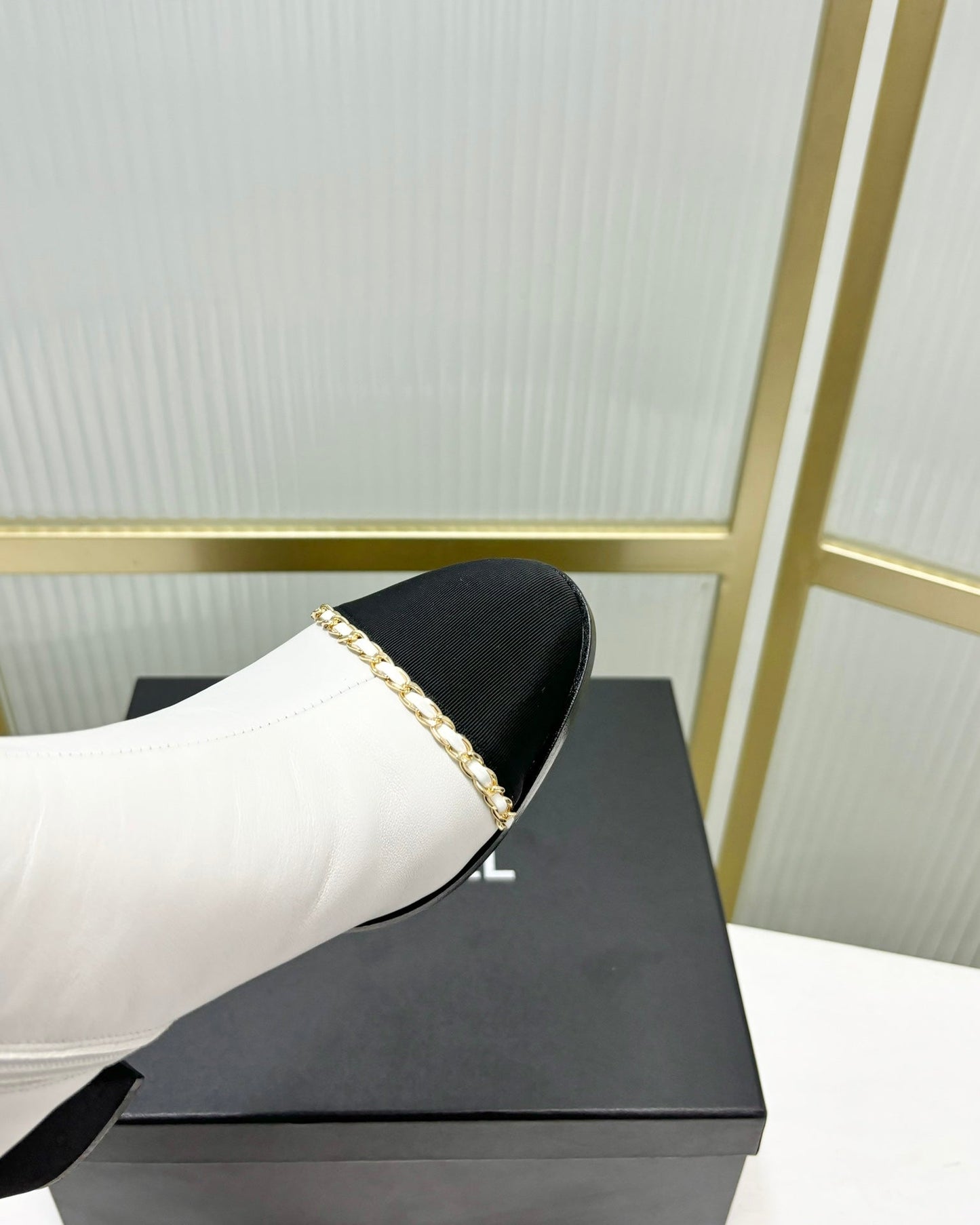 CC Ankle Boot 65 White Calfkin Black Grosgrain Leather Strap