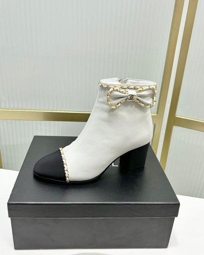 CC Ankle Boot 65 White Calfkin Black Grosgrain Leather Strap