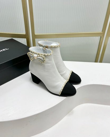 CC Ankle Boot 65 White Calfkin Black Grosgrain Leather Strap