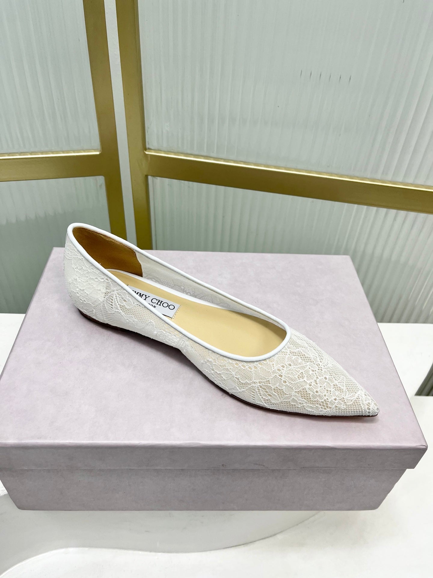 Jimmy 26s Ballet Flats White Beige Lace Sheepskin 605949
