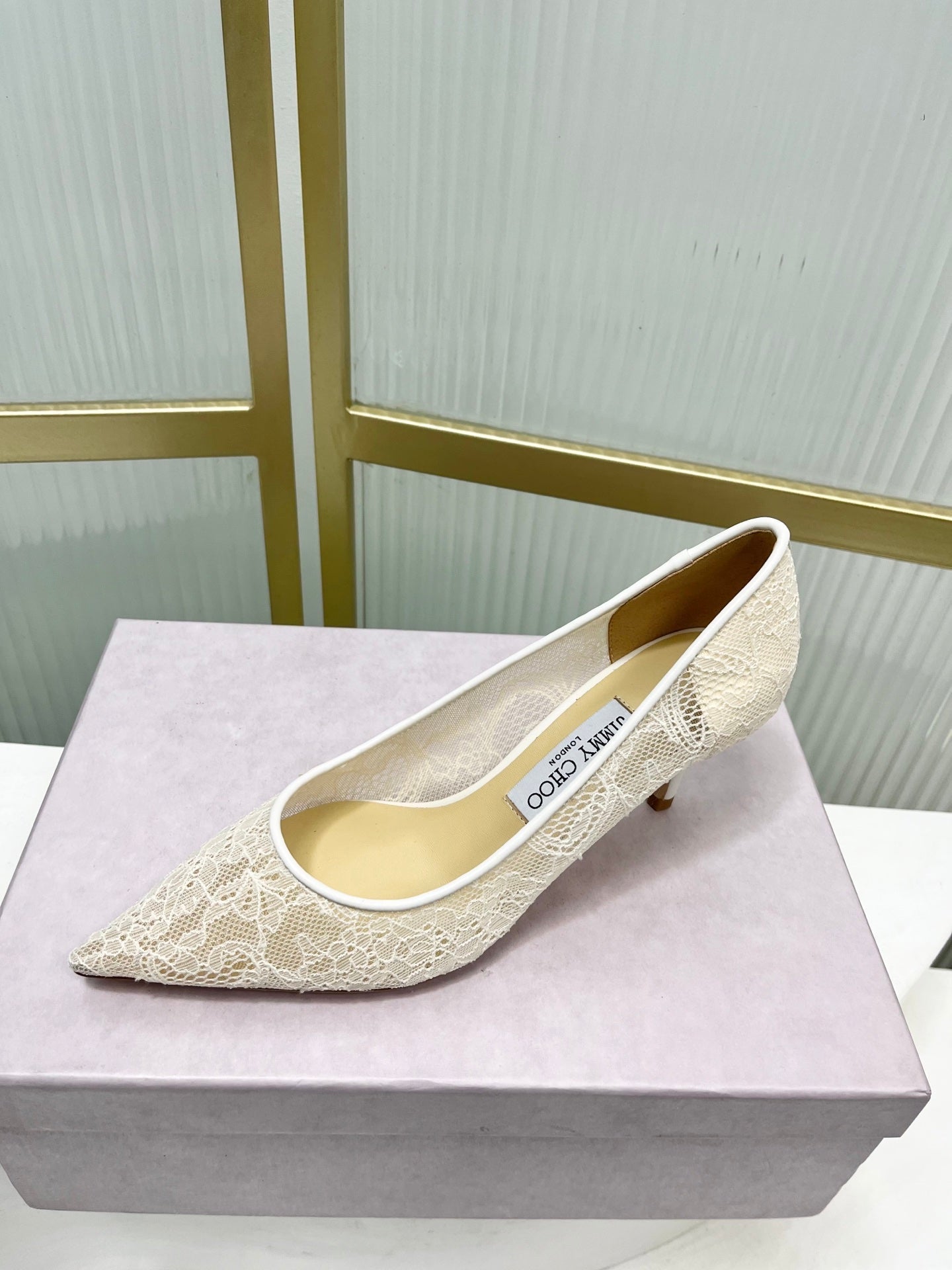 Jimmy 26s  Heel Pump 65 Ivory Beige Lace Sheepskin 605951
