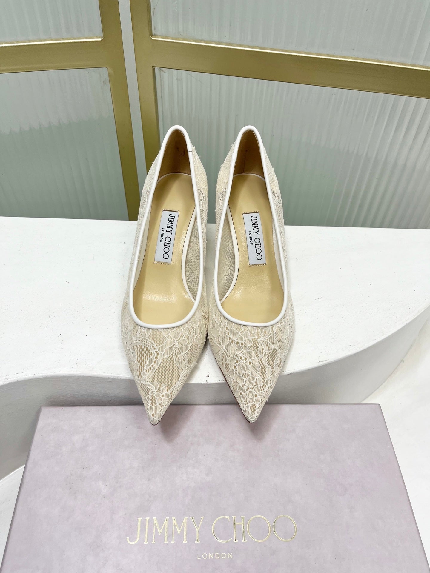 Jimmy 26s  Heel Pump 65 Ivory Beige Lace Sheepskin 605951