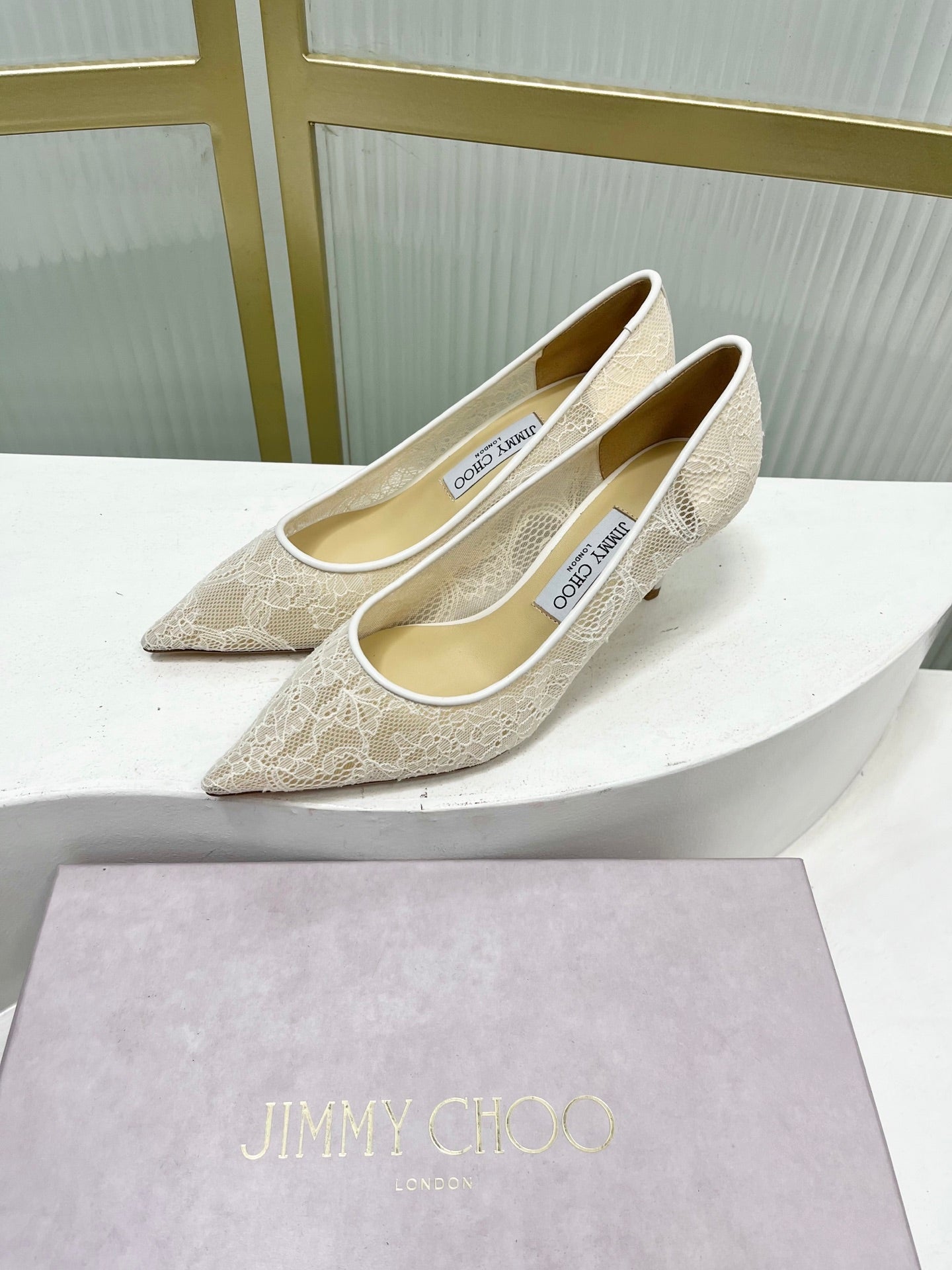 Jimmy 26s  Heel Pump 65 Ivory Beige Lace Sheepskin 605951
