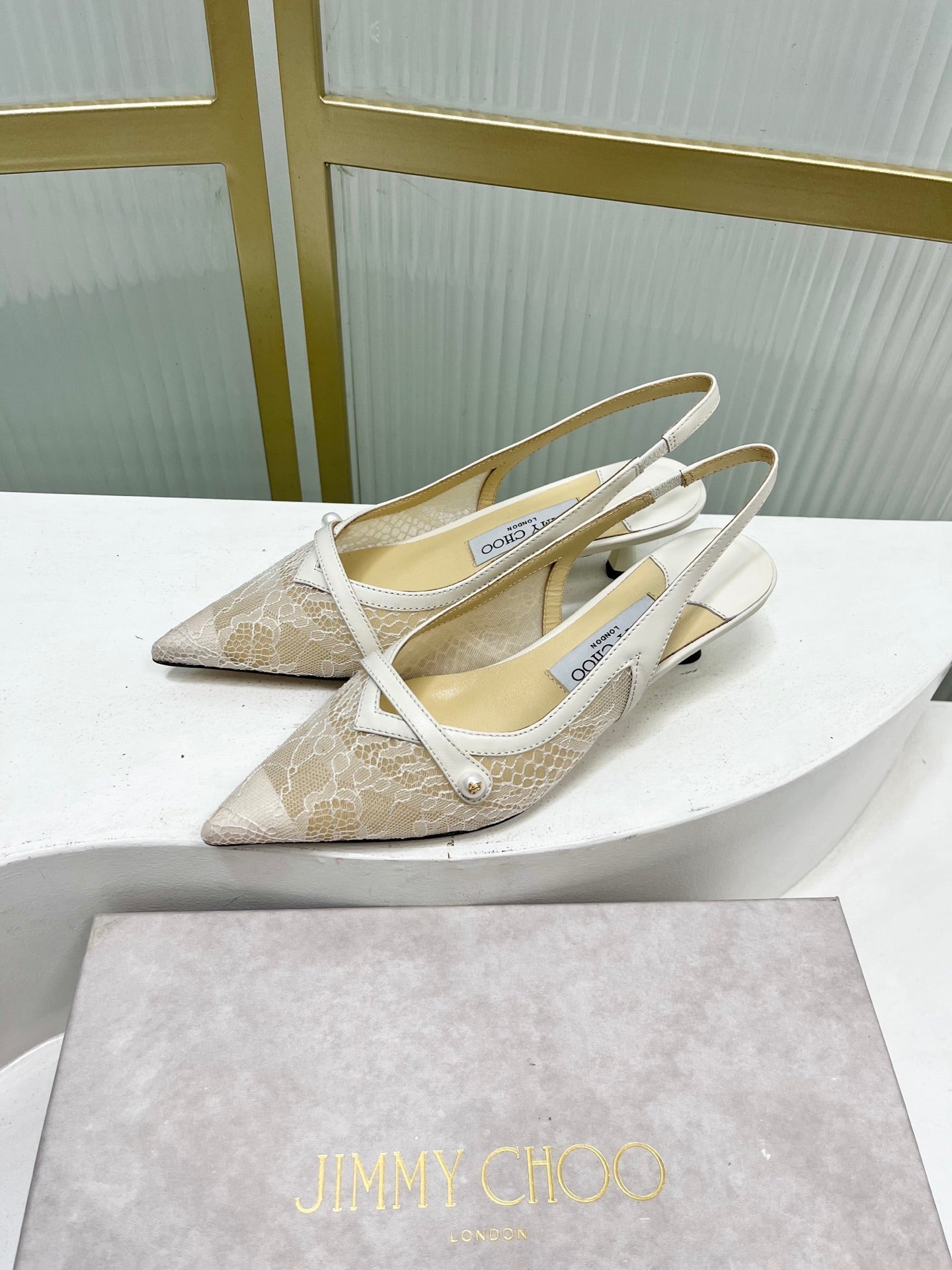 Jimmy 26s Slingback 45 White Beige Lace Sheepskin 605963