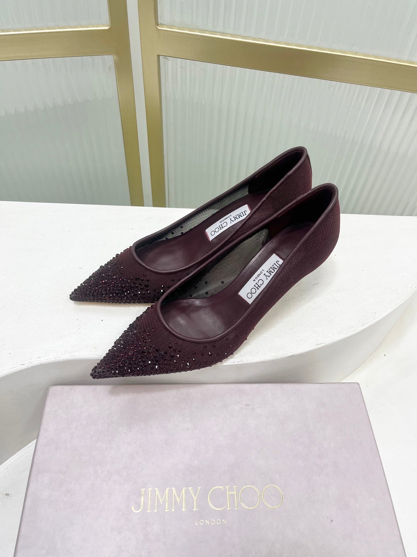 Jimmy 26s High Heels 65 Burgundy Rhinestones Mesh Sheepskin 605981