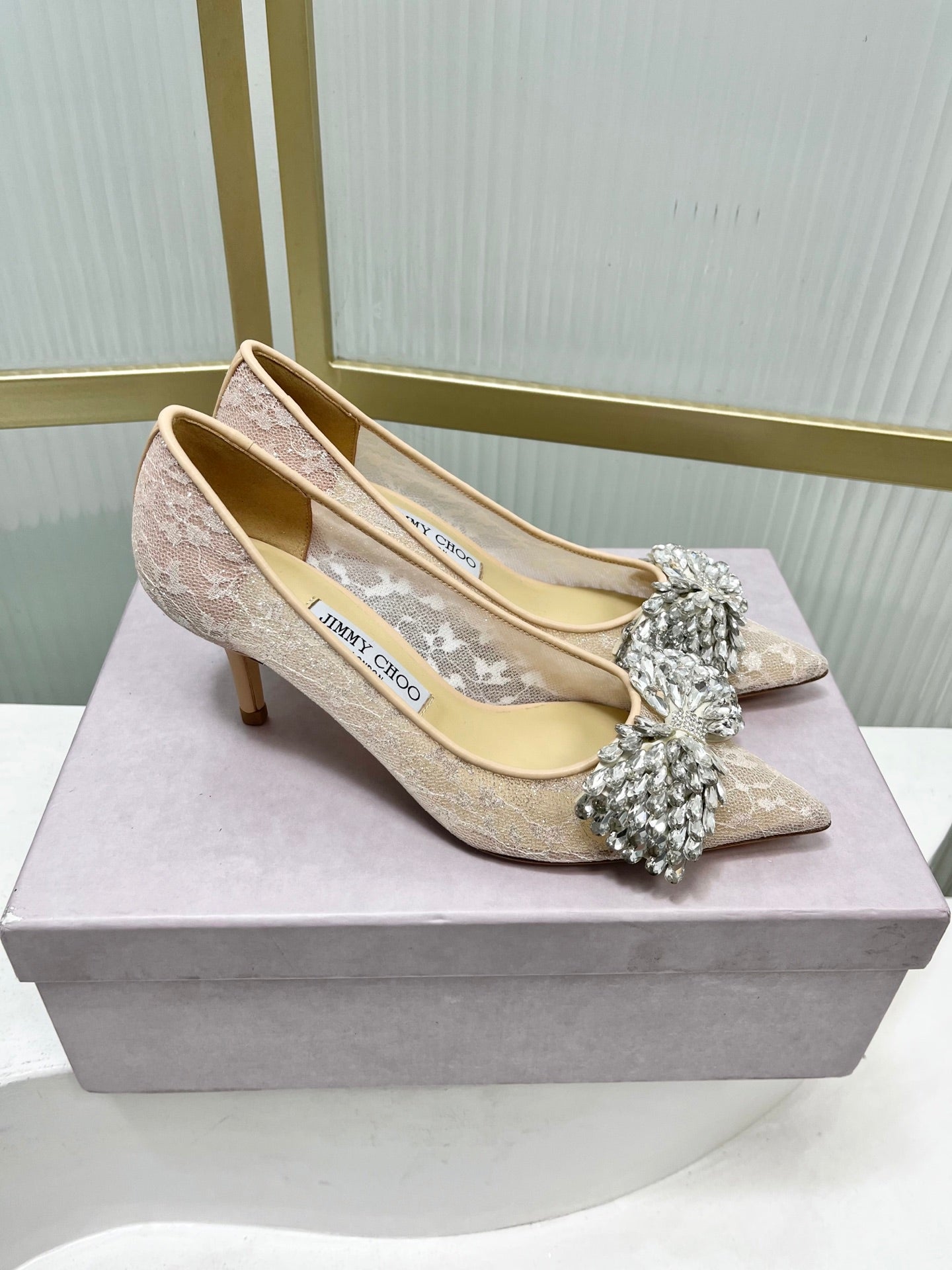 Jimmy 26s High Heels 65 Beige White Imported Lace Sheepskin 605987