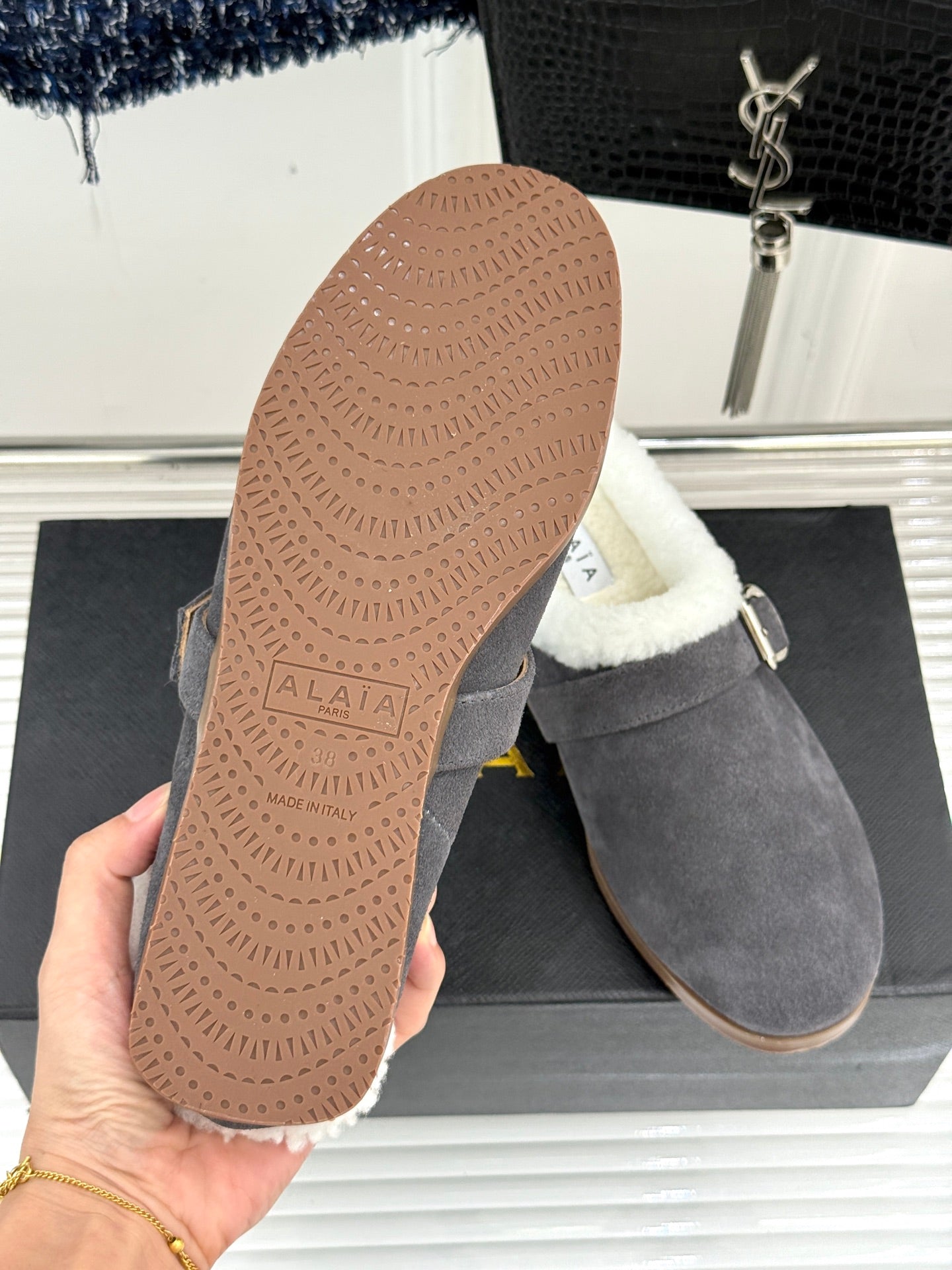 Alaia 25WF slippers belt buckle charcoal grey suede wool 472230