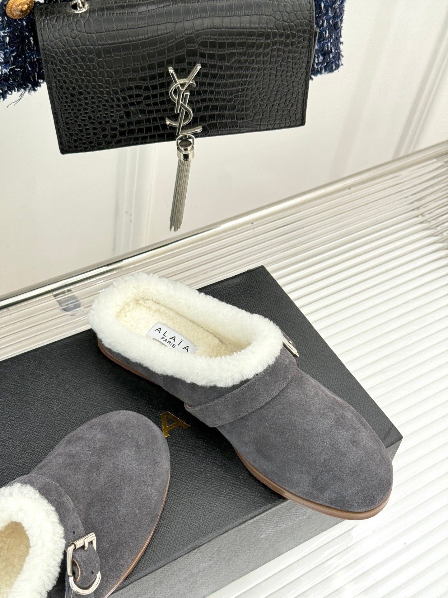 Alaia 25WF slippers belt buckle charcoal grey suede wool 472230