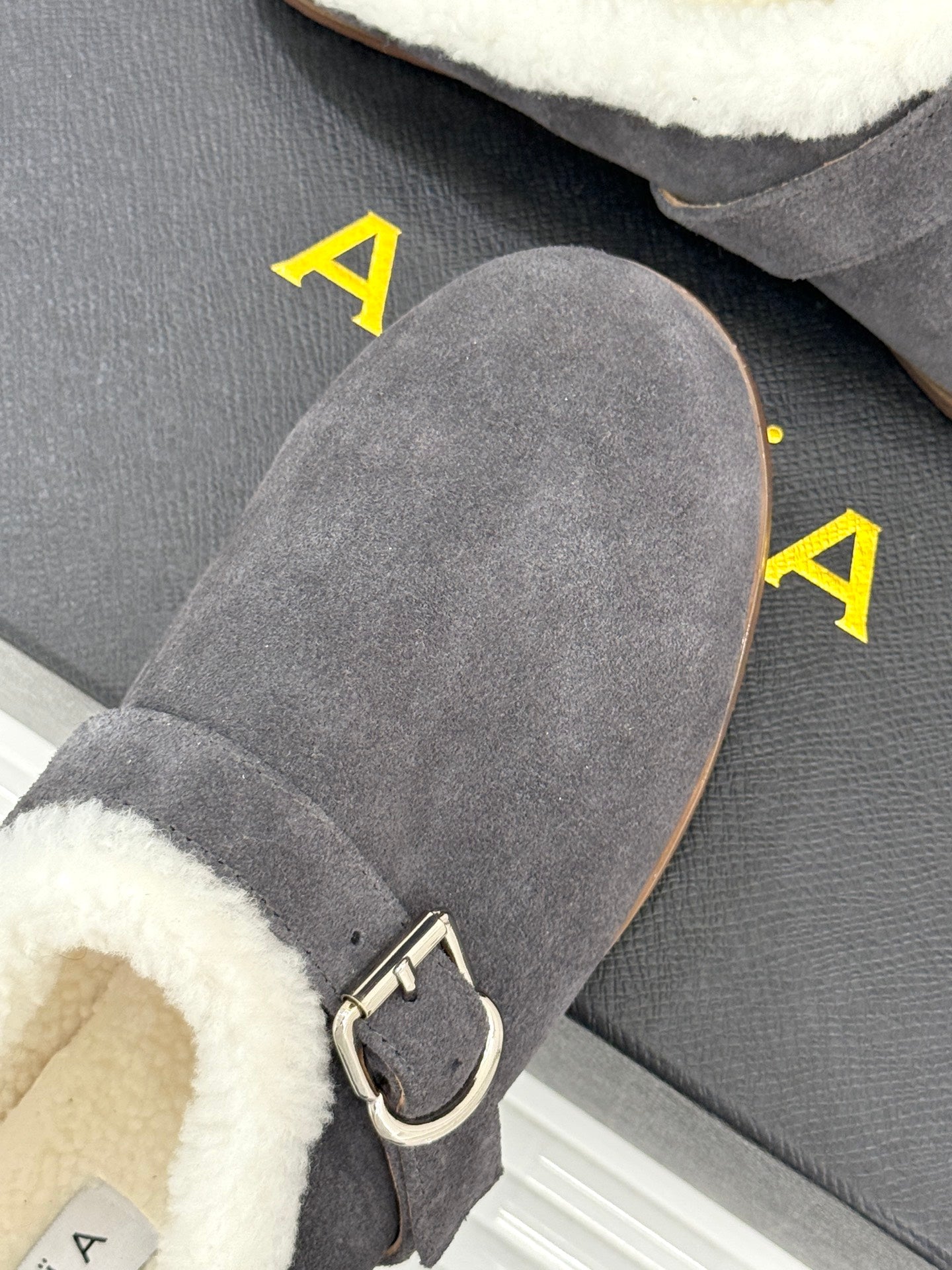 Alaia 25WF slippers belt buckle charcoal grey suede wool 472230