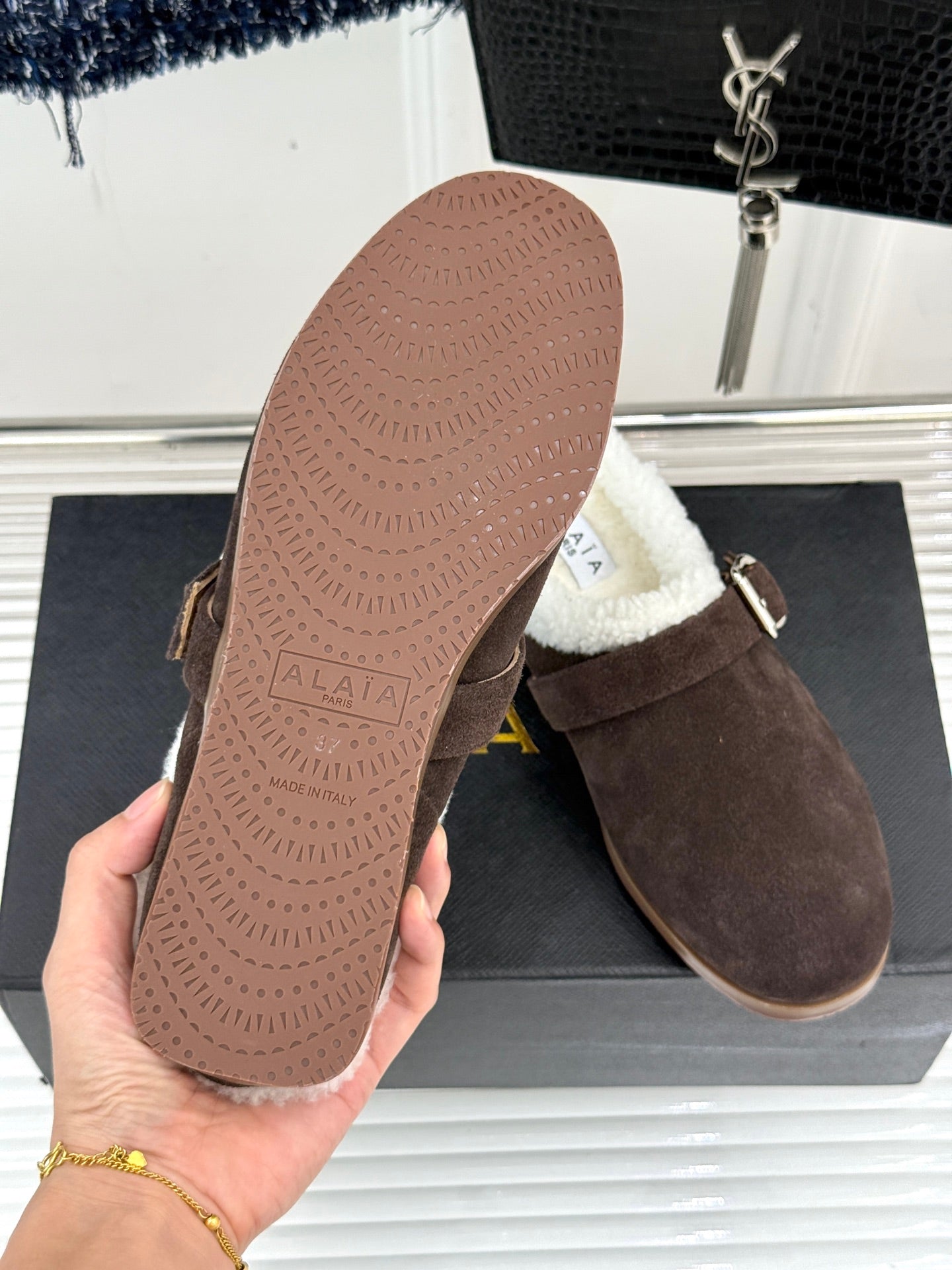 Alaia 25WF slippers belt buckle chocolate brown suede wool 472231