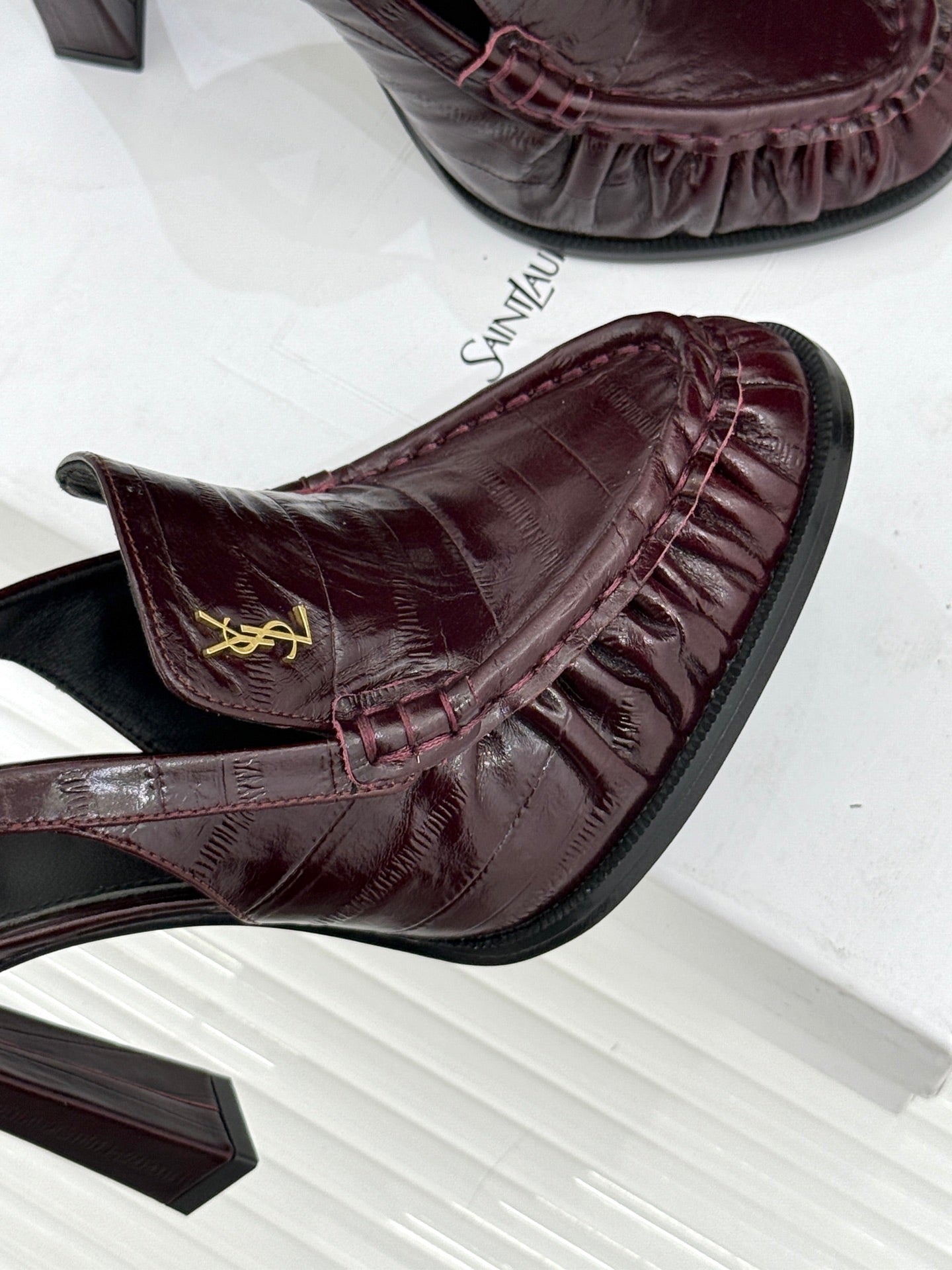 YSL 26ss High Heeled Open Back 105 Sandals Burgundy Sheepskin 651782