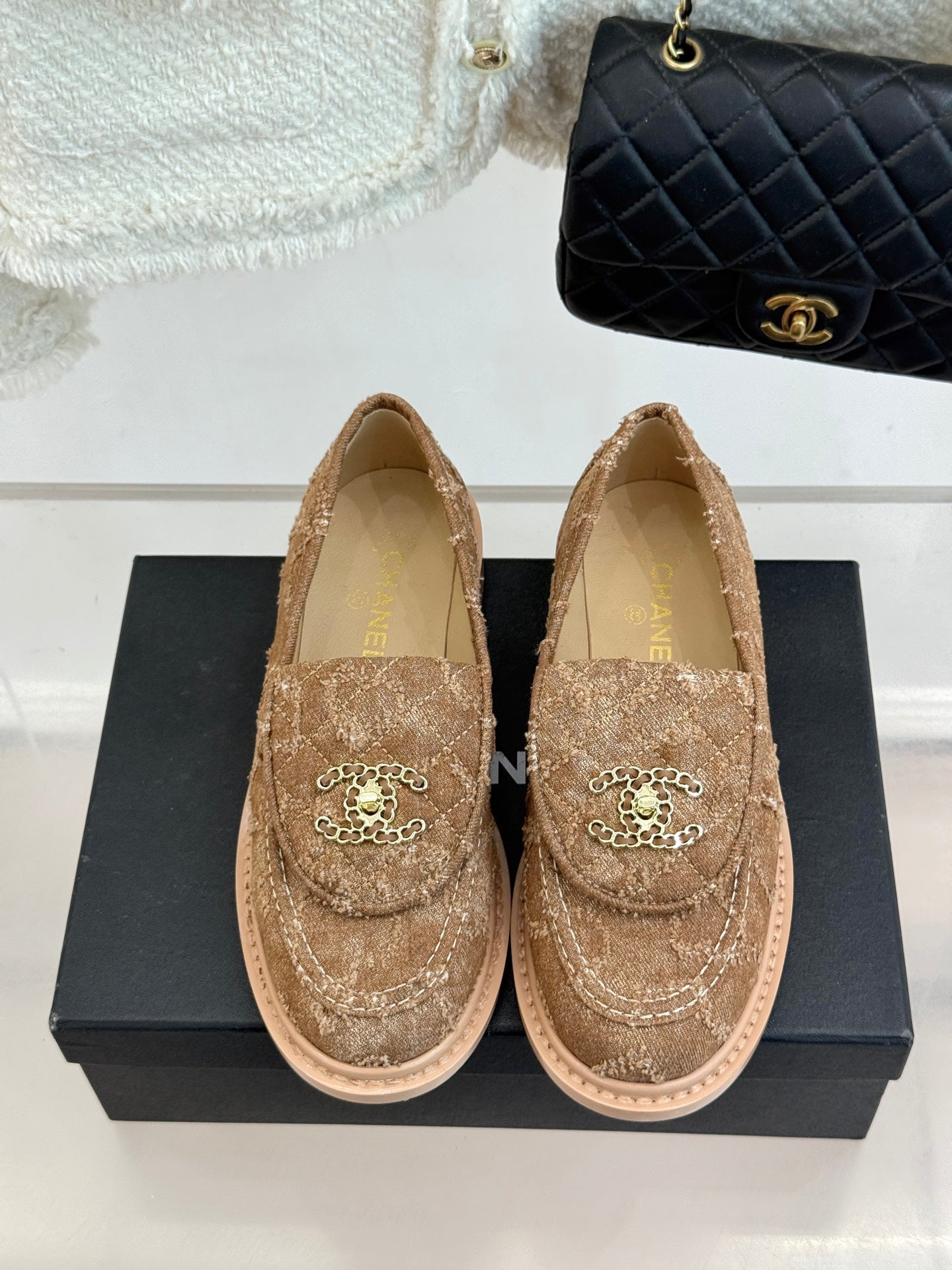 Chanel 2026 Double C High-Heeled Loafers Tweed Sheepskin 826098