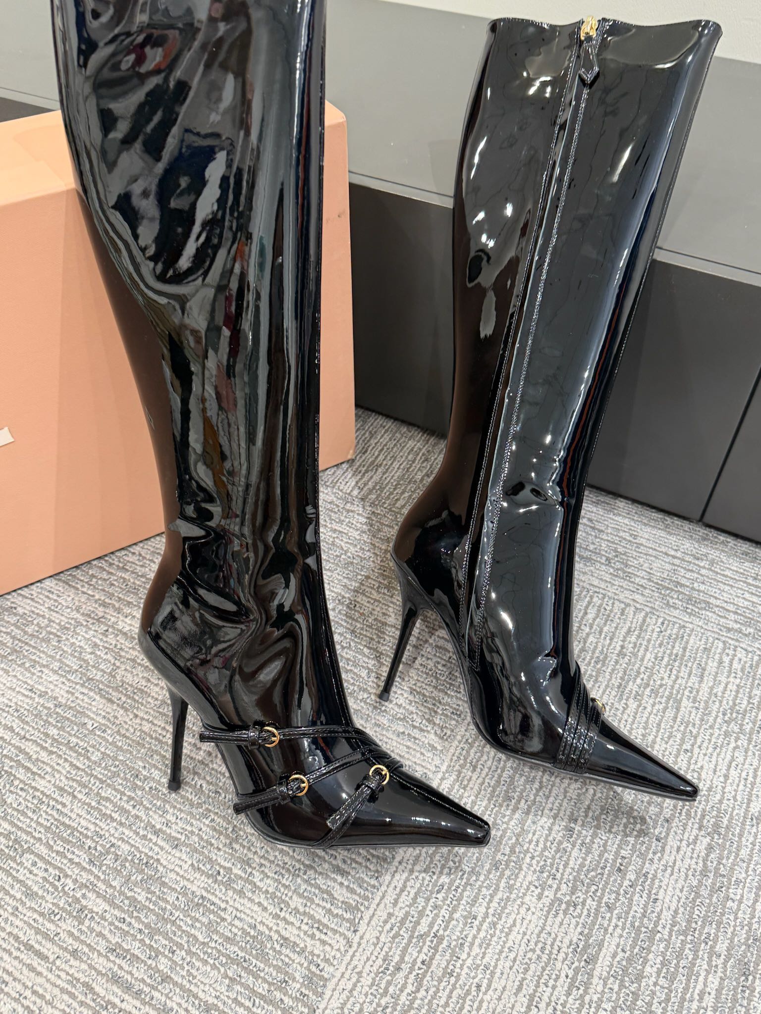 Miu 90 knee high boots black patent leather
