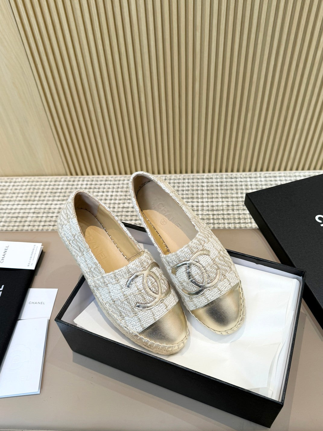 cc espadrilles white brown braided fabric gold metalic calfskin