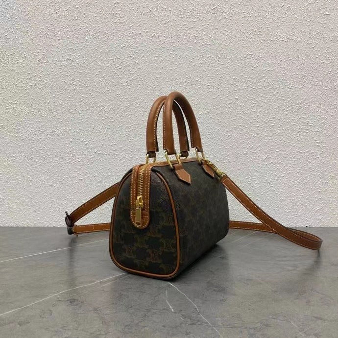 Celine 2026 Boston Bag 19.5cm Black Brown Triomphe Canvas Calfskin 281911
