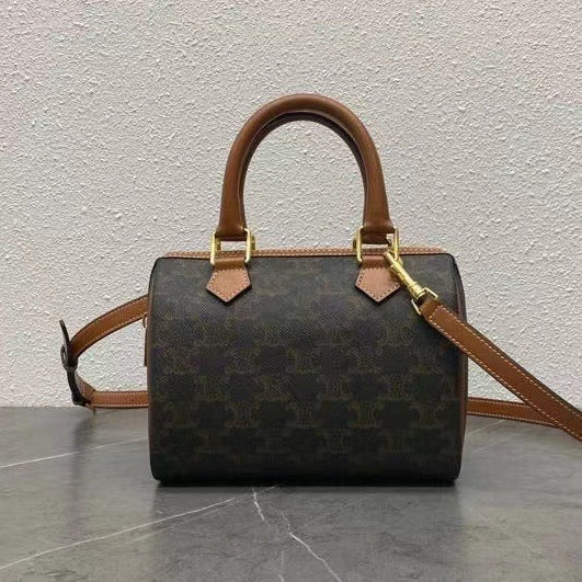 Celine 2026 Boston Bag 19.5cm Black Brown Triomphe Canvas Calfskin 281911