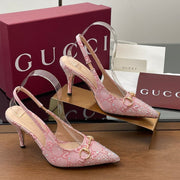 GG Horsebit Slingback 75mm Pink Ebony Monogram Canvas Point Toe Crystal-Embellished