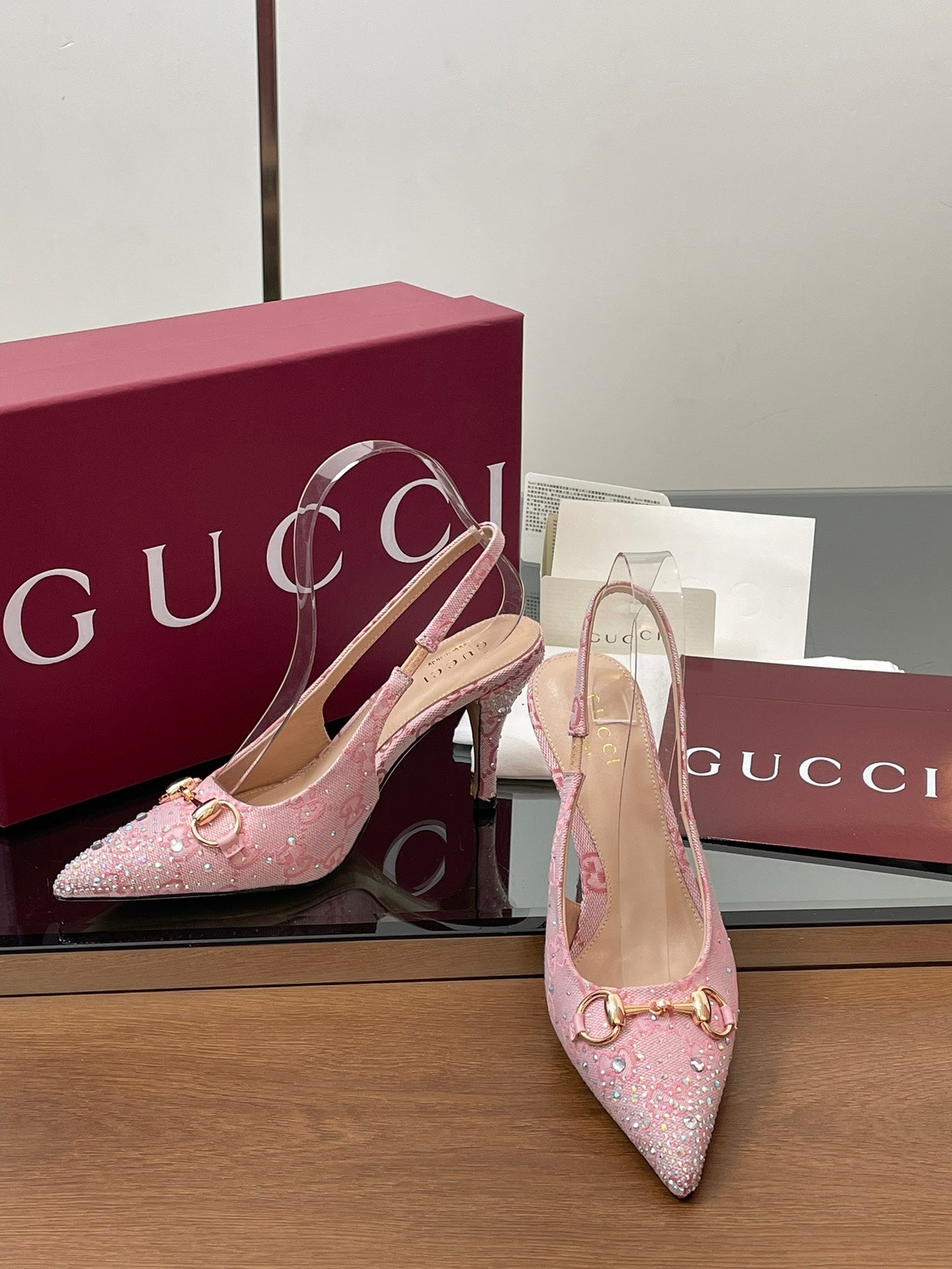 GG Horsebit Slingback 75mm Pink Ebony Monogram Canvas Point Toe Crystal-Embellished