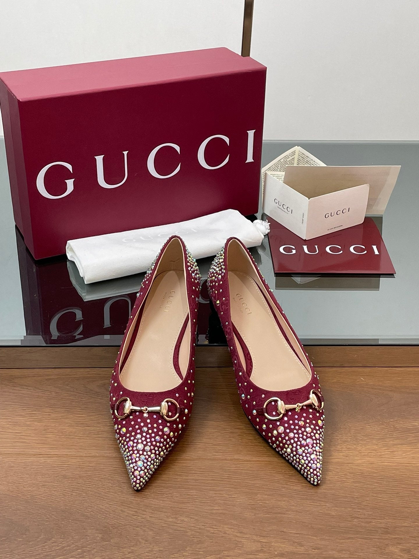 GG Horsebit Ballet Flat Red Ebony Monogram Canvas Crystal-Embellished