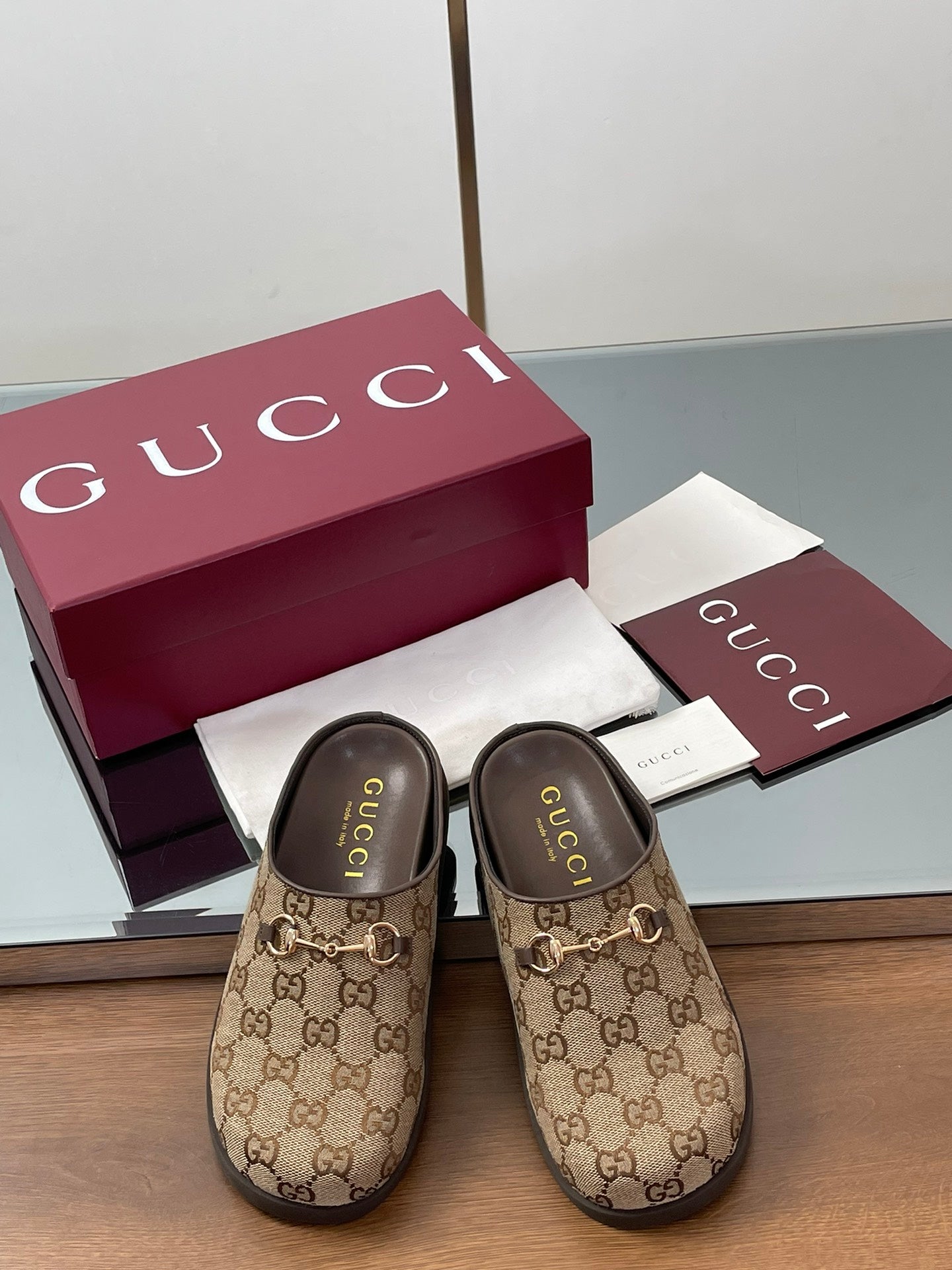 Gucci Horsebit Mule Camel And Dark Brown Canvas Leather