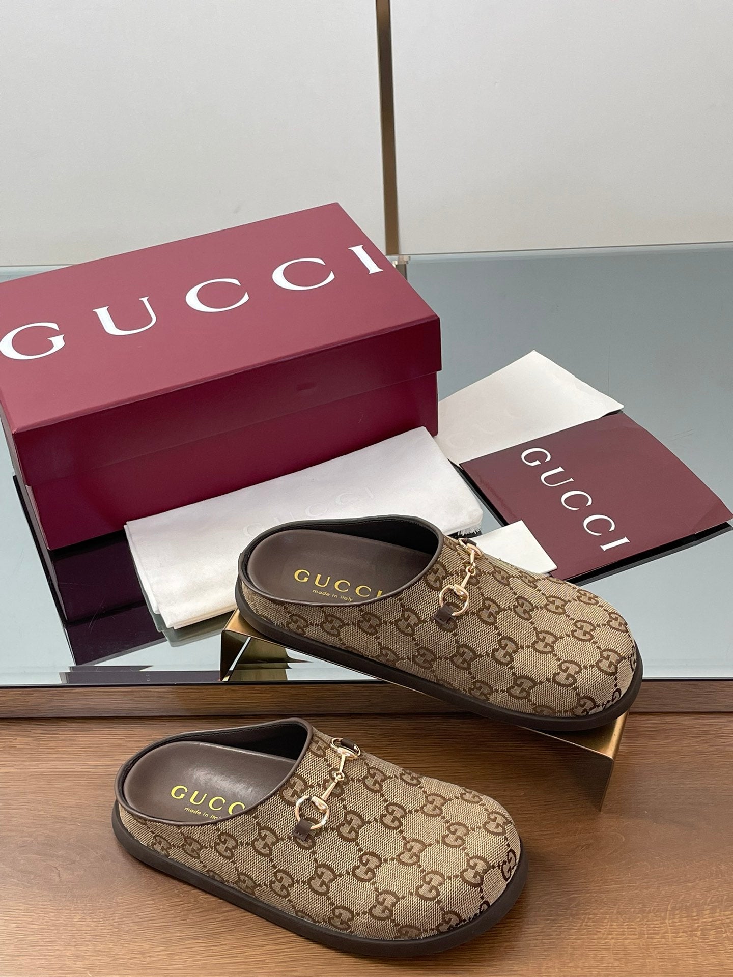Gucci Horsebit Mule Camel And Dark Brown Canvas Leather