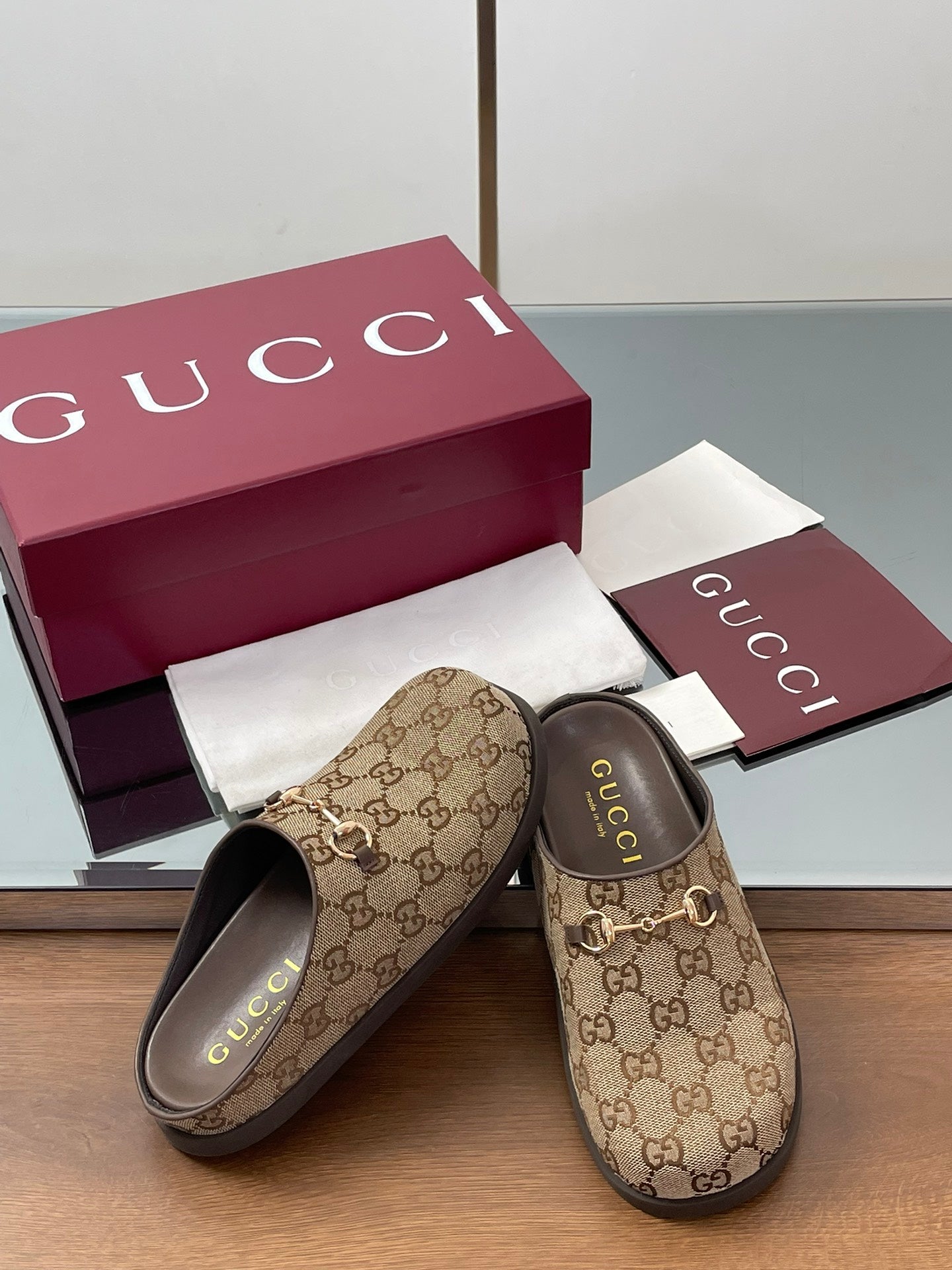 Gucci Horsebit Mule Camel And Dark Brown Canvas Leather