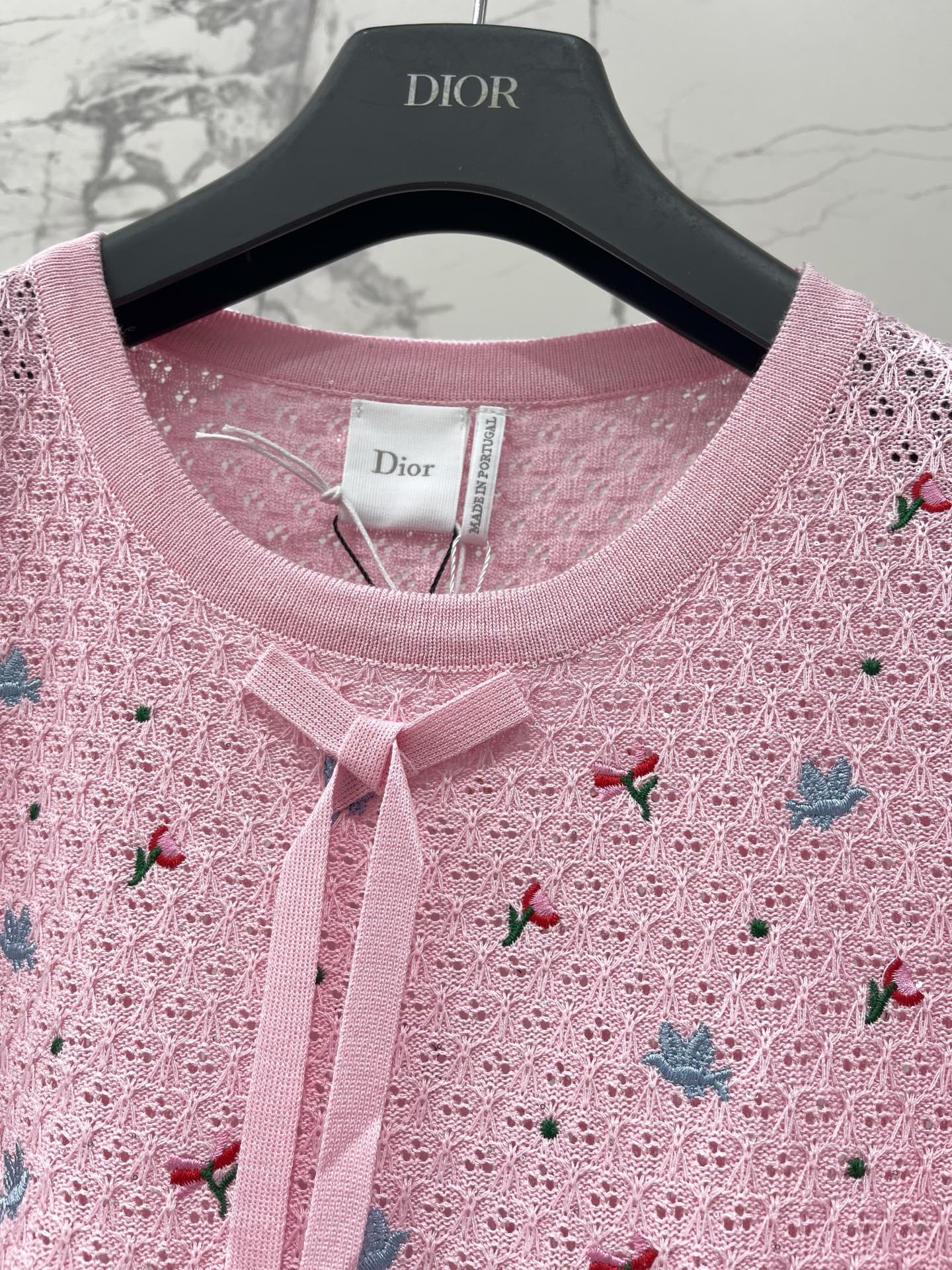 Dior 2026 Embroidered Bow Knit Short-sleeved Top Pink Cotton 714725