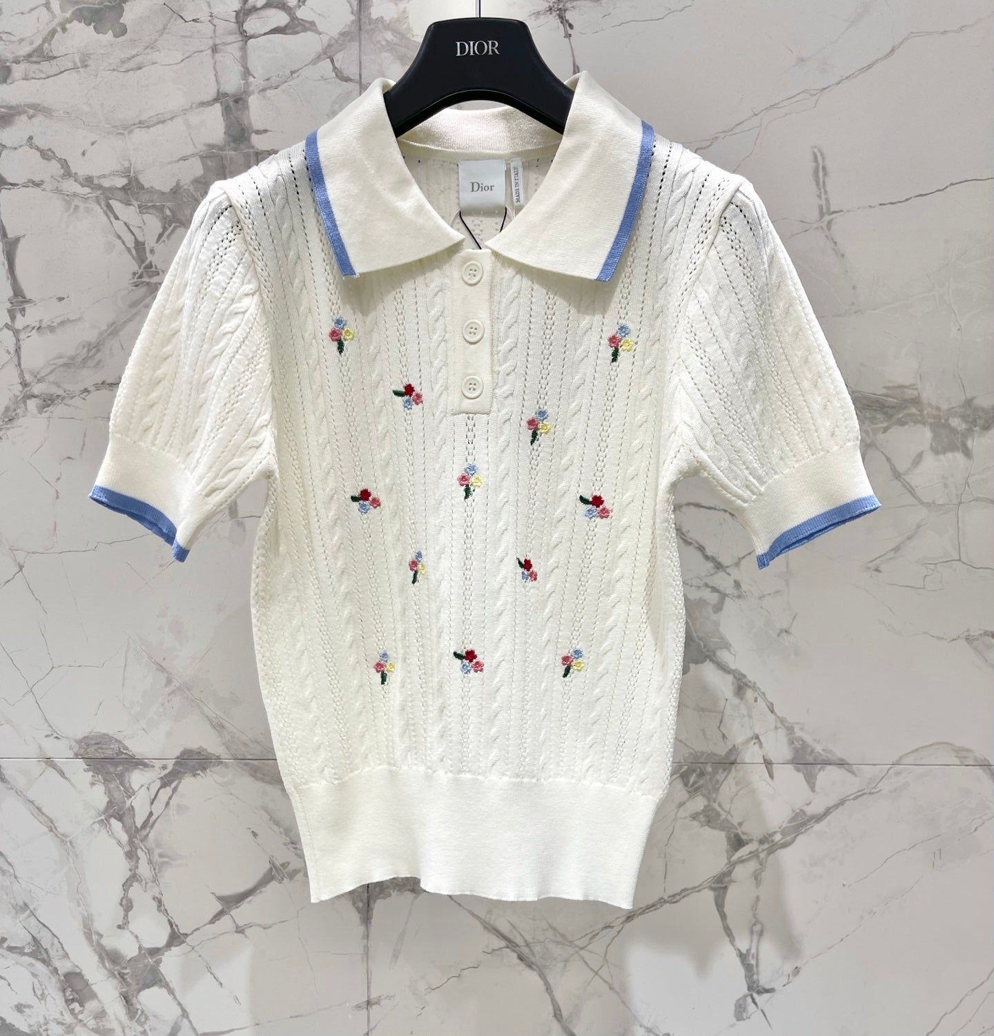 Dior 2026 Floral Collared Short-sleeved Knit Top White Wool 714726