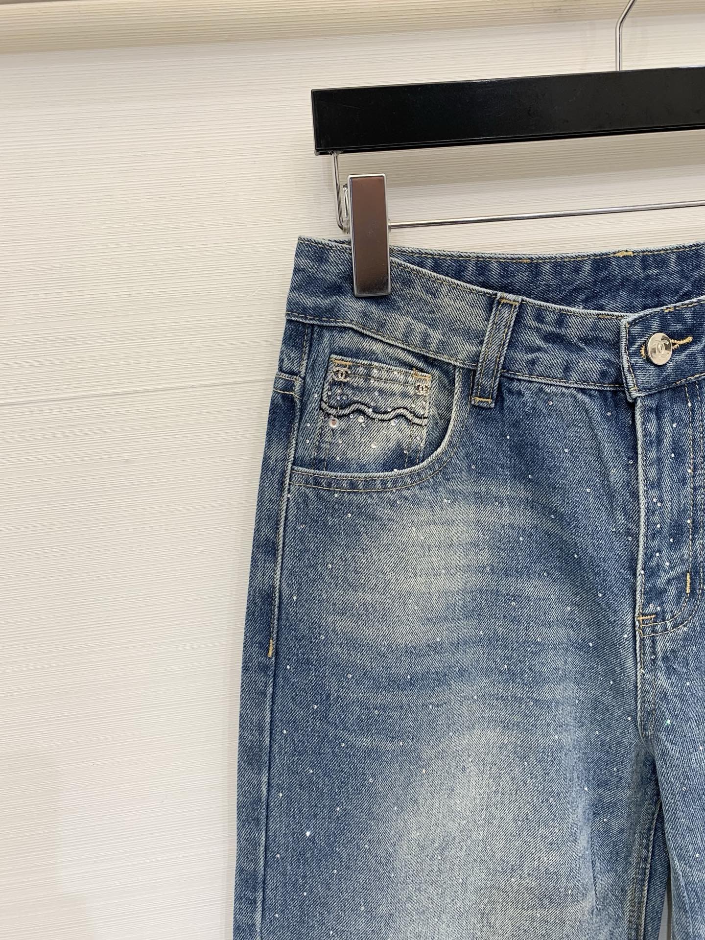 Chanel 2026 Rhinestone-Embellished Straight-Leg Jeans 155198