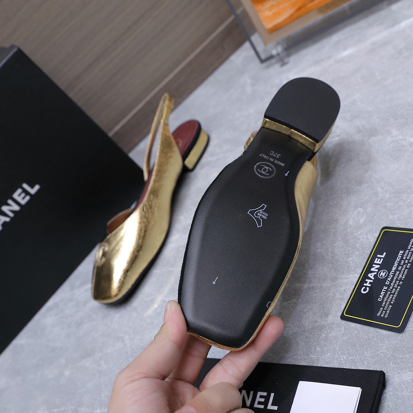 Chanel 2026 Slingback Black Gold Suede Leather 758405