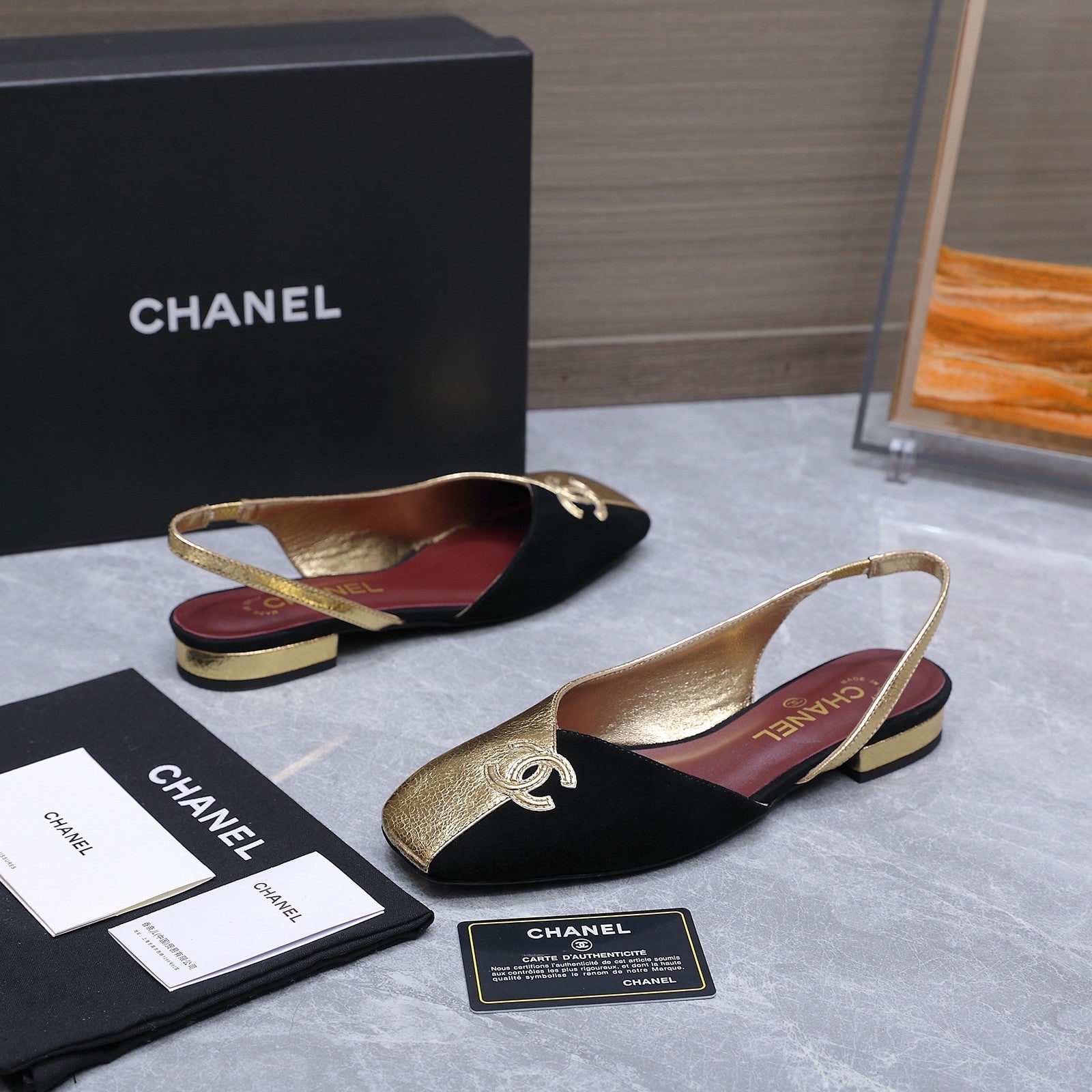 Chanel 2026 Slingback Black Gold Suede Leather 758405