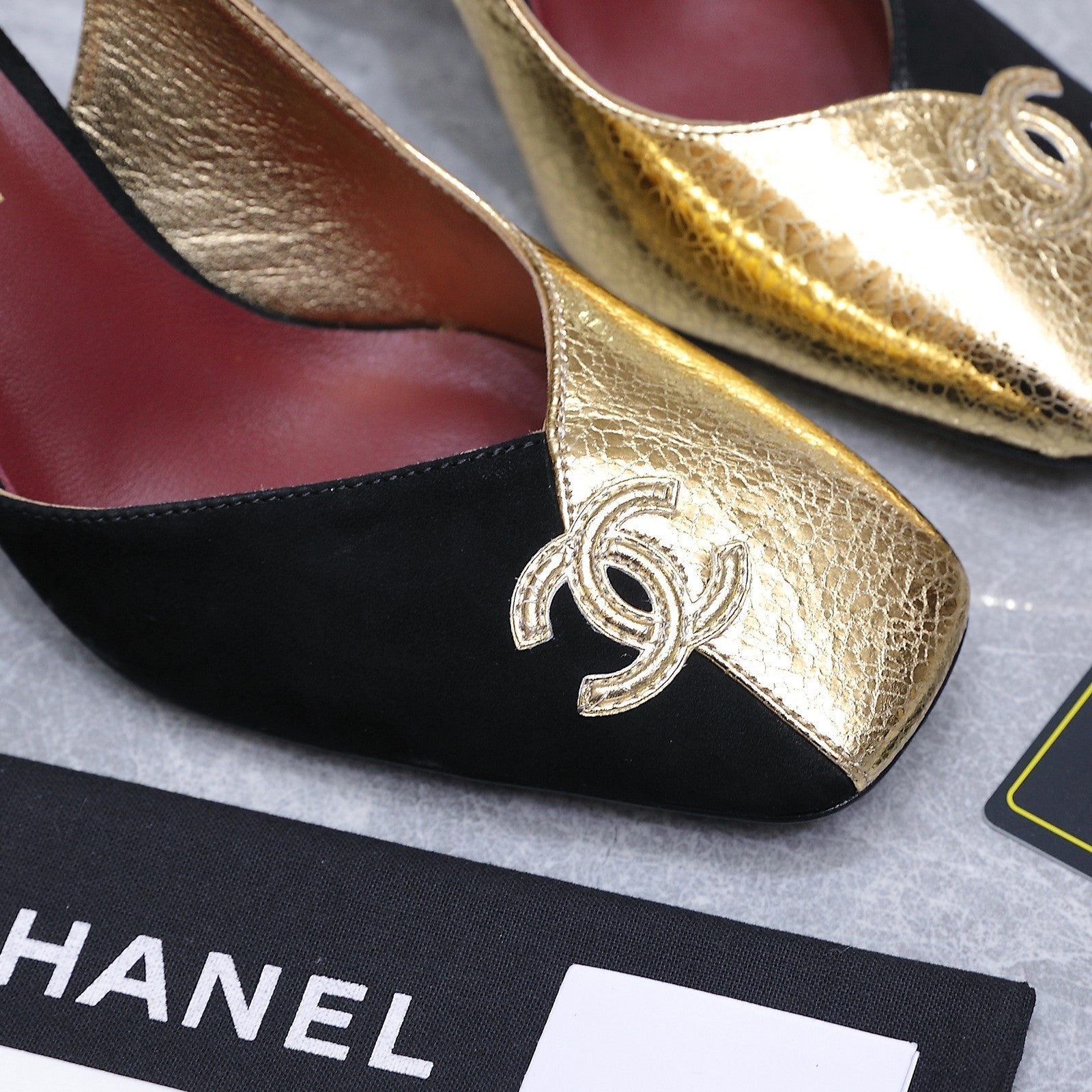 Chanel 2026 High-Heeled Slingback 85mm Black Gold Suede Leather 758409