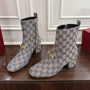 Gucci Horsebit Chunky Heel Ankle Boots Blue Ebony Cowhide Fabric 490558