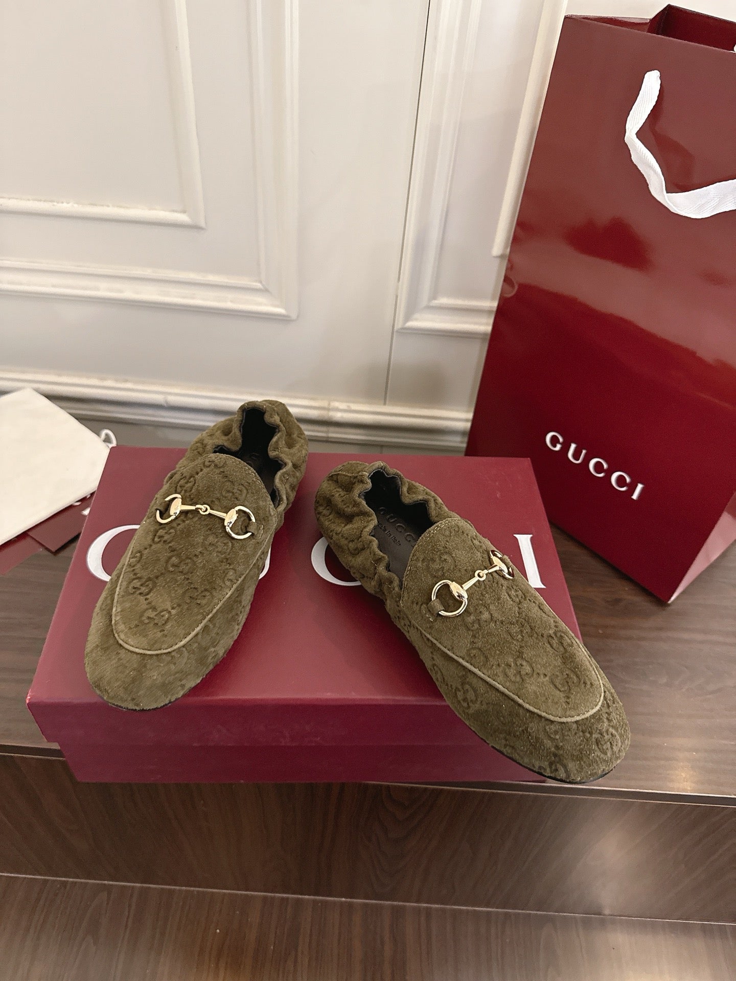 GG 26SS Loafers Olive Green Monogram Suede Leather 645960